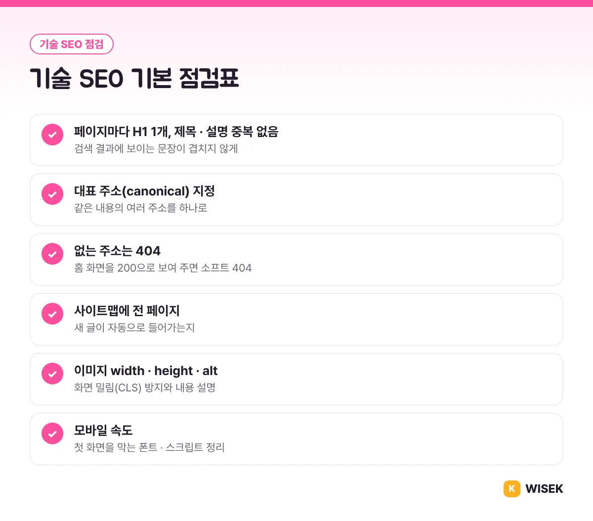 기술 SEO 기본 점검표: H1, canonical, 404, 사이트맵, 이미지 크기, 모바일 속도