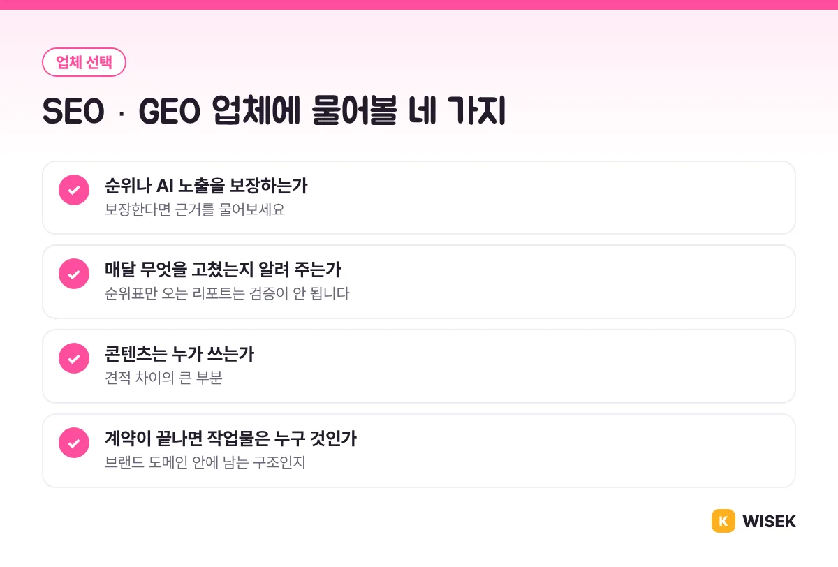 SEO와 GEO 업체에 물어볼 네 가지