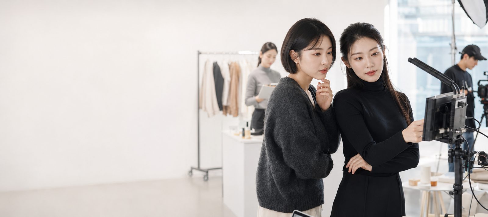 브랜드 담당자와 크리에이터가 촬영 현장에서 모니터로 결과물을 함께 확인하는 모습